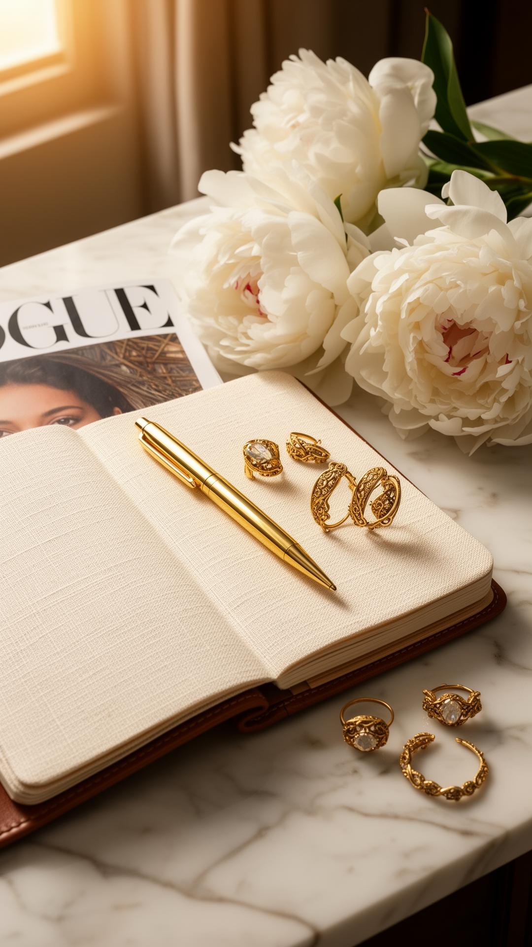 Linen journal, vintage gold jewelry and white peonies on marble