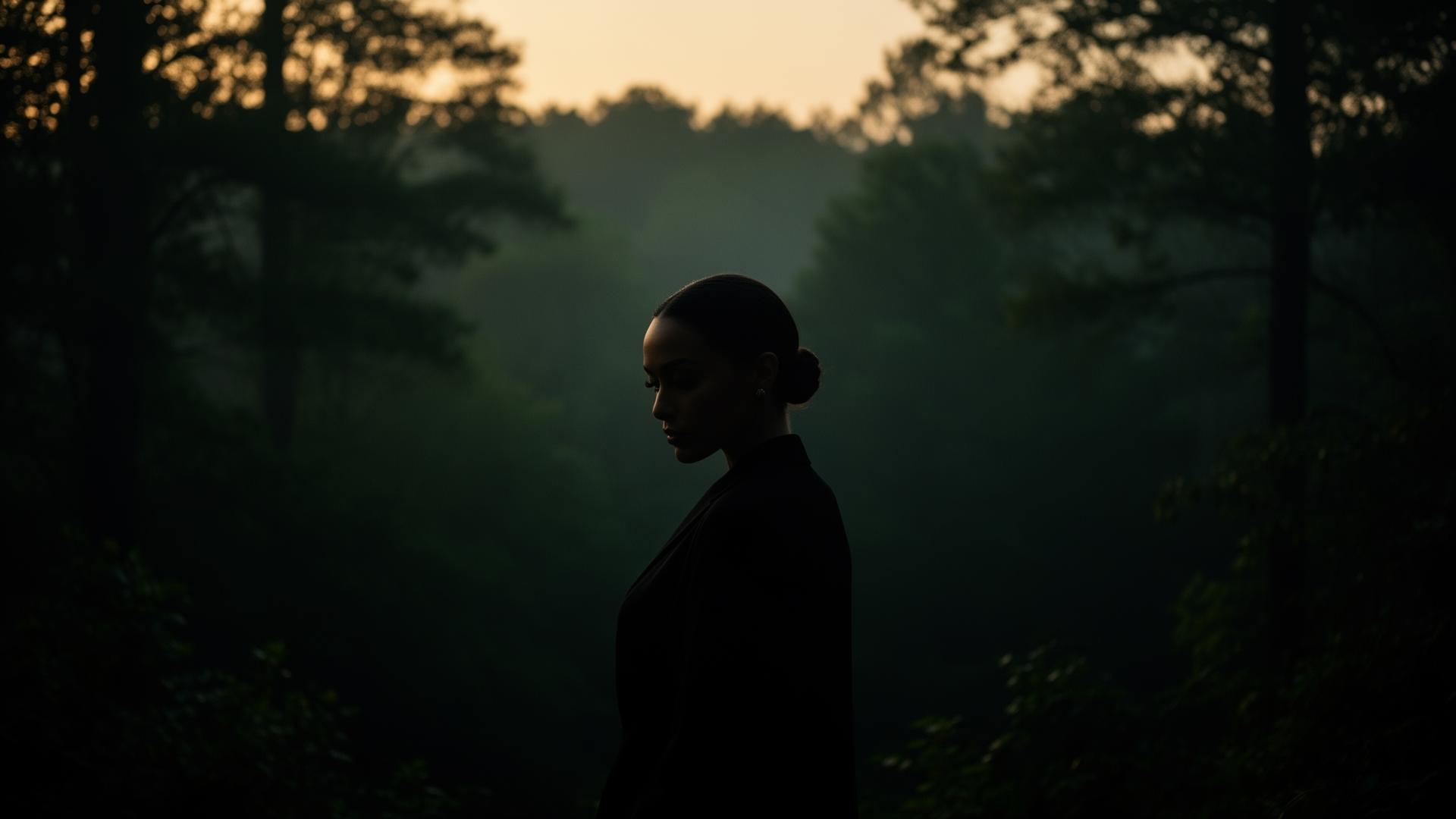 Silhouette of a woman at dawn in deep forest