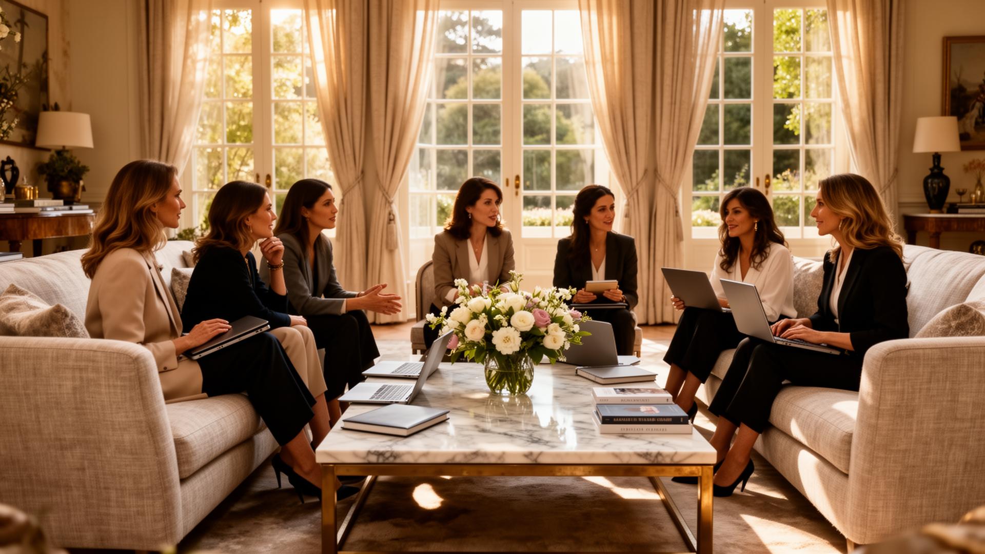 Women entrepreneurs gathered in a sunlit villa salon